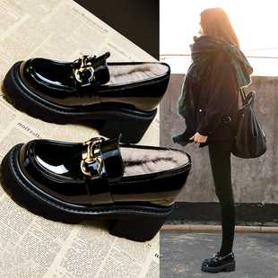 内增高9cm英伦风小皮鞋 潮牌乐福鞋 加绒保暖毛毛鞋 新款 女 女秋冬季