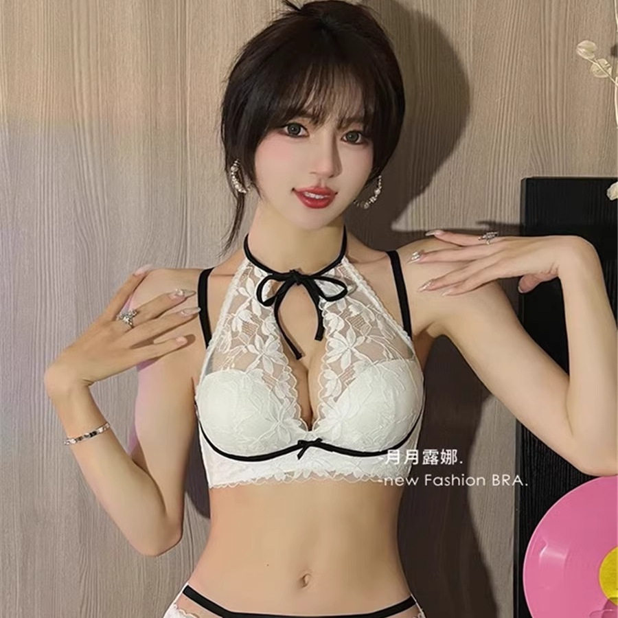 法式挂脖内衣女小胸聚拢性感蕾丝文胸收副乳防下垂胸罩无钢圈纯欲