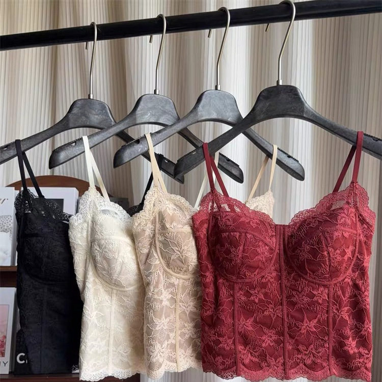 秋冬磨毛法式蕾丝纯欲吊带美背一体杯免穿文胸背心女修身显瘦6100