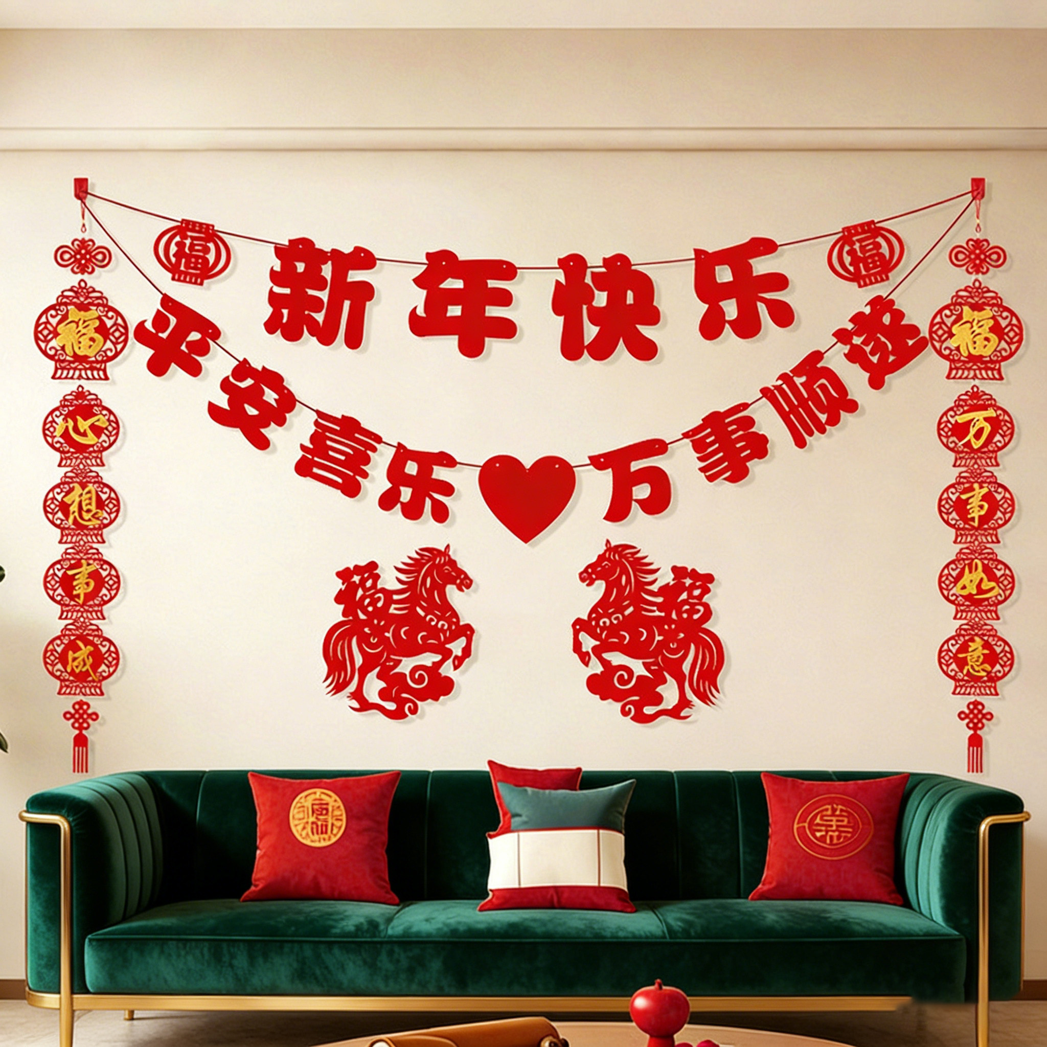 2026新年电视墙背景装饰氛围布置过年挂件沙发家里拉条马年场景,家居饰品,现代装饰画,淘宝优惠券,粉丝福利购,淘宝优惠卷