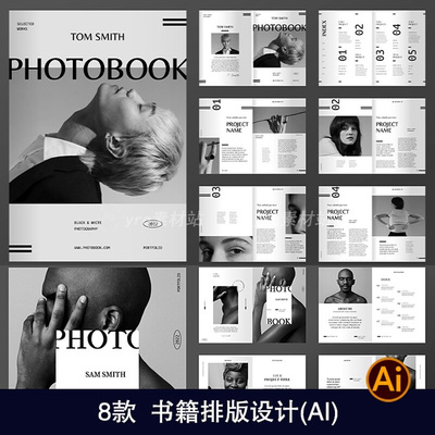 国外创意高级黑白书籍画册杂志图片文字排版设计ai素材模板1514