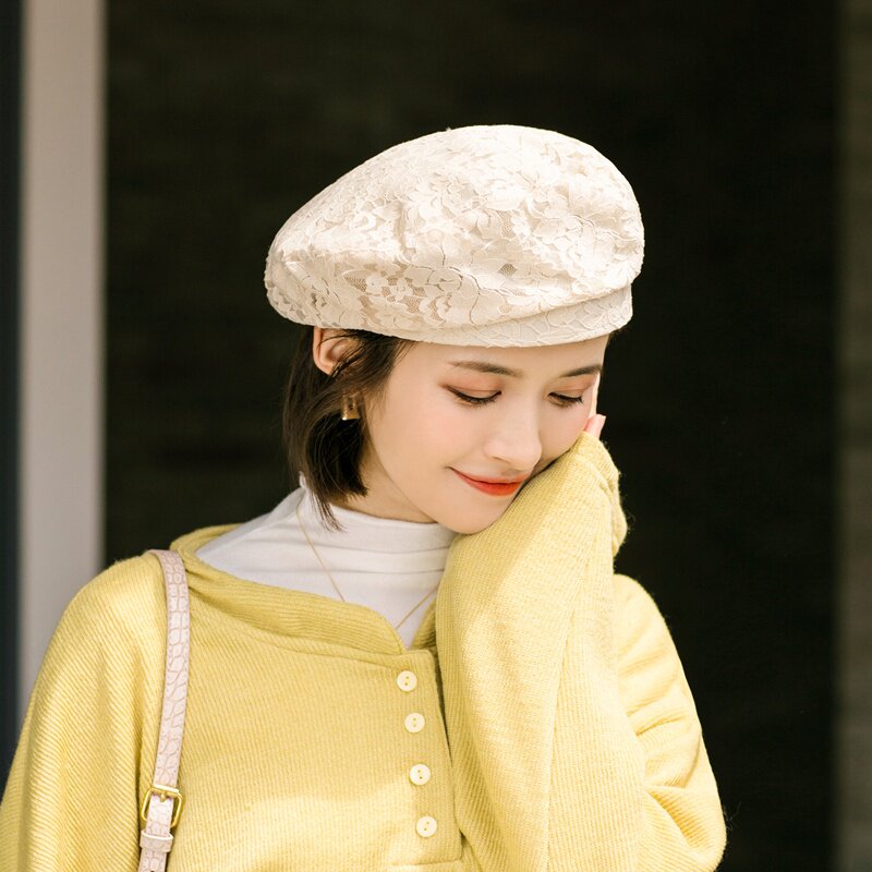 适合短发戴的帽子冬天韩版挡c风装饰女帽秋冬休闲百搭贝雷蕾丝帽