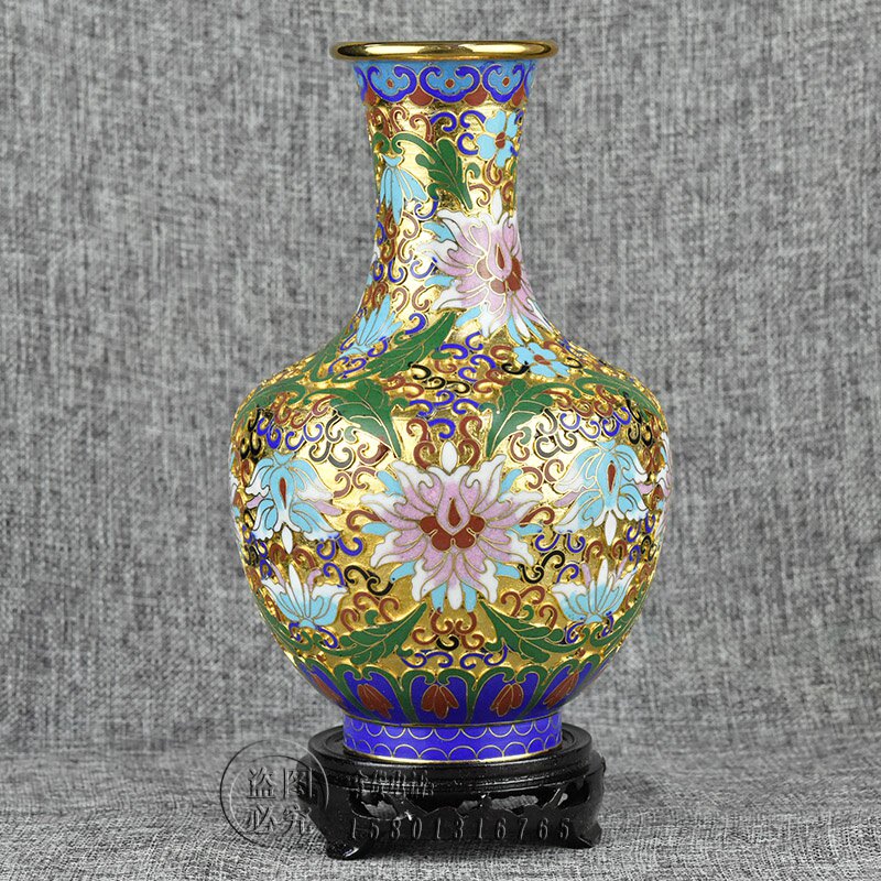 七八十年代北京景泰蓝花瓶8寸金地天球瓶掐丝珐琅纯手工艺品摆件