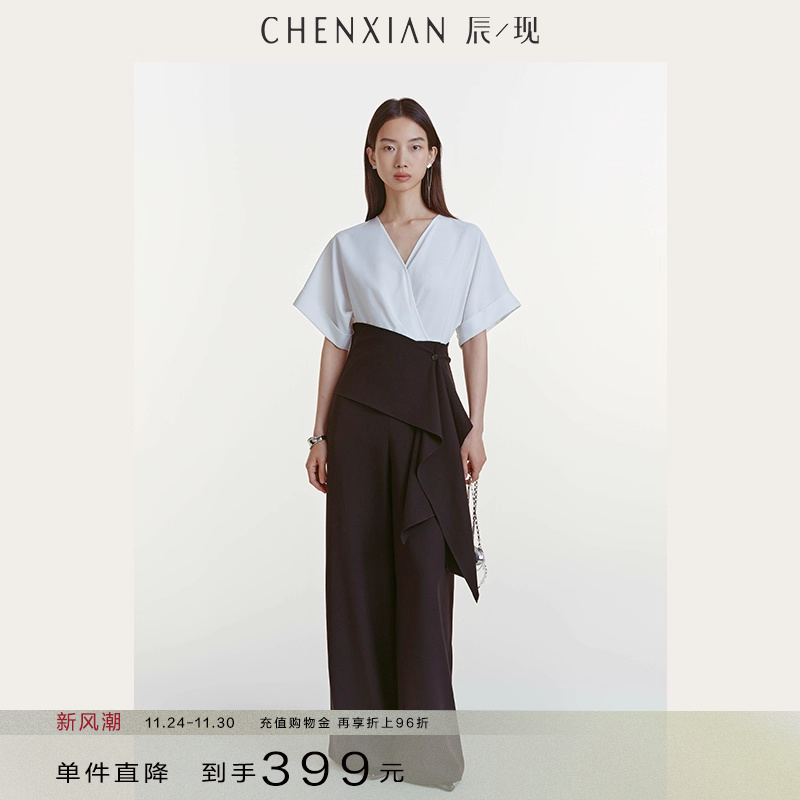 式黑白系带撞色连体裤