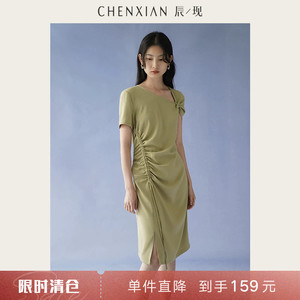 【到手159元】小众立体修身抽褶短袖连衣裙设计黑色显瘦长裙子女