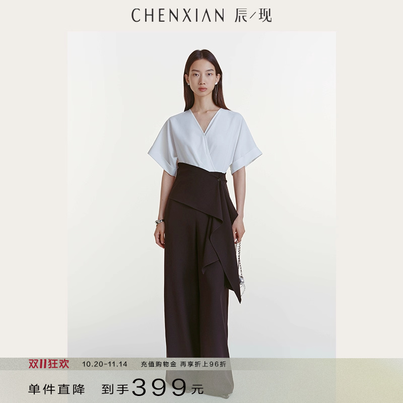 式黑白系带撞色连体裤