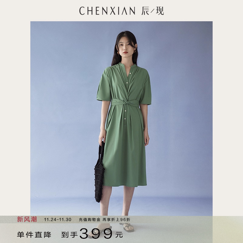 扭结设计感立领绑带短袖连衣裙