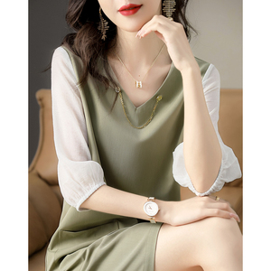 MY3185#时尚复古新款小众设计感韩版气质减龄短袖连衣裙女