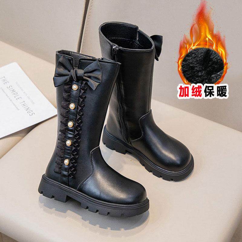 网红靴子女童长靴加绒高筒公主靴秋冬季英伦皮靴儿童鞋保暖马丁靴