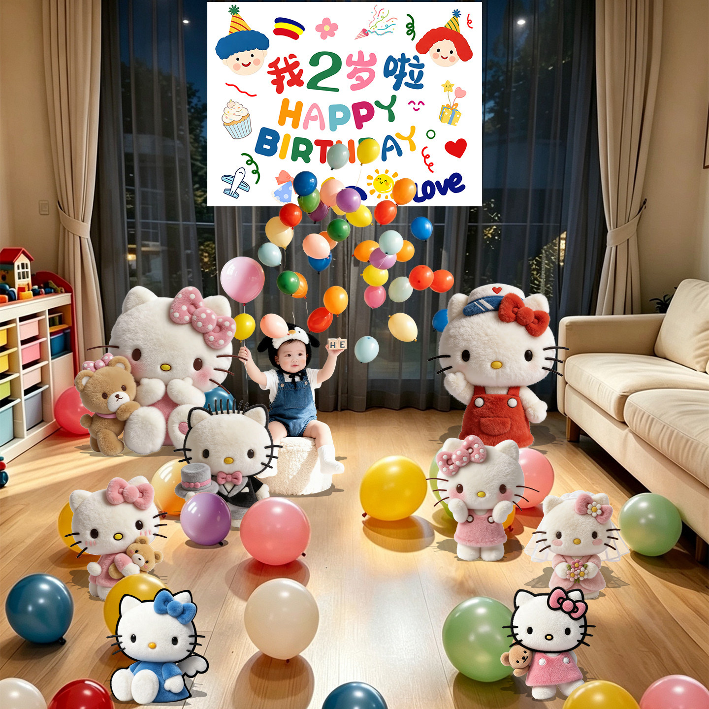 hellokitty凯蒂猫主题生日布置气球装饰男孩女孩背景墙KT板氛围感