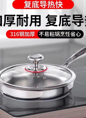 316不锈钢无涂层加厚玻璃盖煎锅
