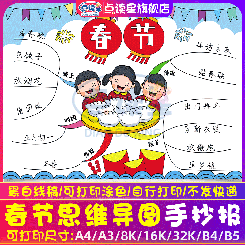 春节过年小报模板小学生农历新年过年思维导图线稿手抄报8KA3A4