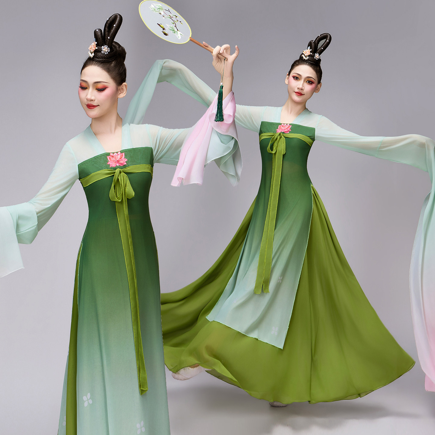 新款古典舞水袖踏歌行立春演出服女青绿长款大摆裙超仙飘逸艺考服 - 实物图