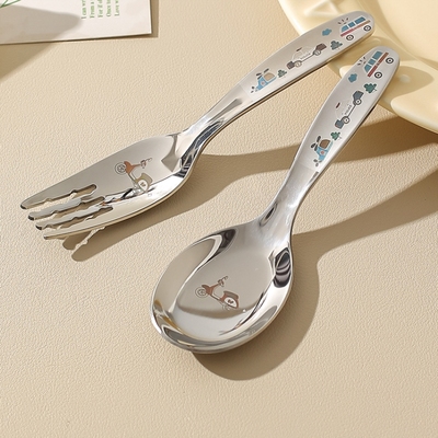 不锈钢叉子食品级短款不锈钢精制加厚宽柄勺叉麦片辅食耐摔餐具宝