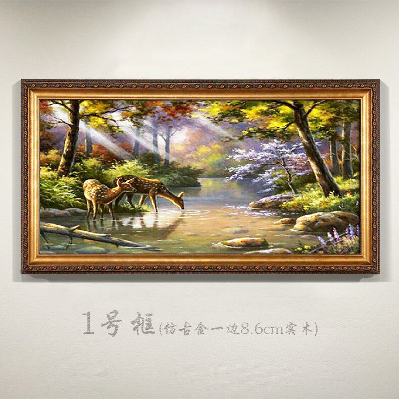 纯手绘欧式客厅装饰画手工山水风景聚宝盆小鹿油画办公室别墅z挂