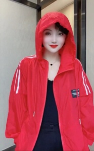 欧货夏季薄款防晒衣女宽松休闲连帽拉链贴标时尚减龄透气短外套潮