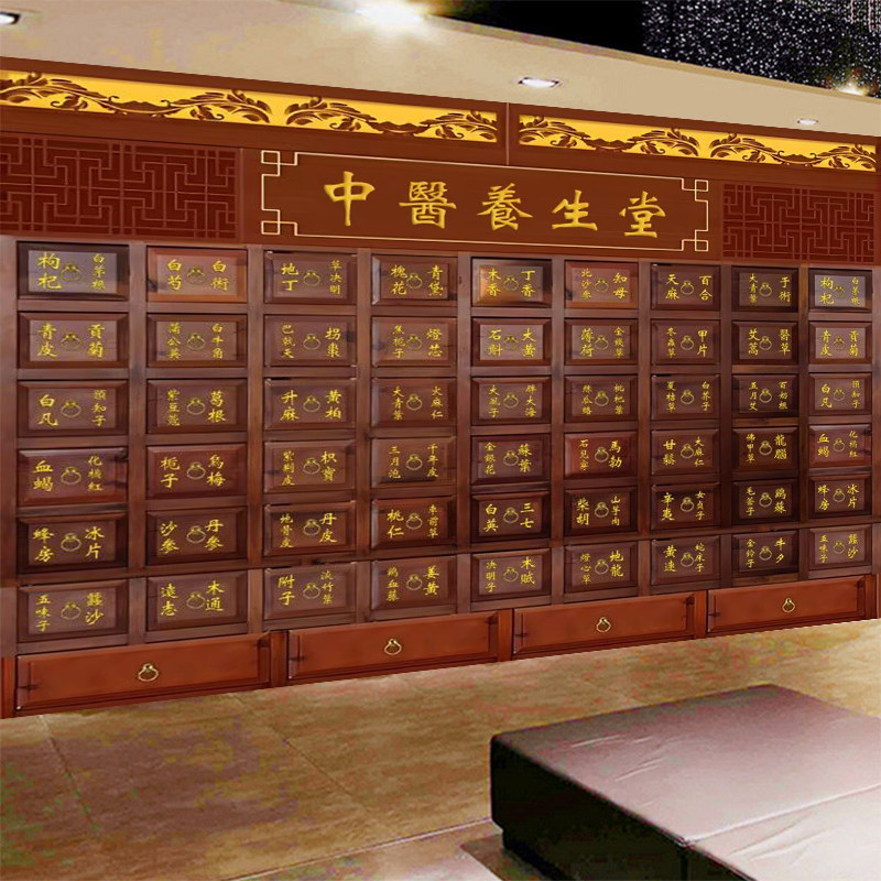 中医养生堂仿中药柜墙纸中药材名定制壁画