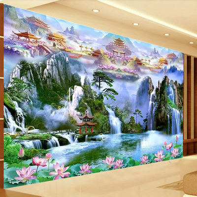 云宫天宫天庭仙境墙纸古亭山水无活物壁纸佛堂供桌堂口背景装饰画