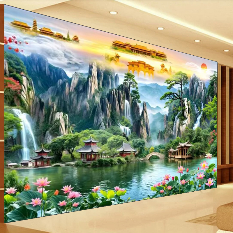 佛道仙南天门背景墙纸山水画佛仙堂壁画祥云流水生财寺庙道堂壁纸