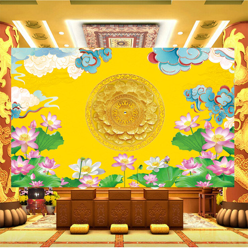 祥云荷花莲花吊顶装饰墙纸佛光普照佛堂供桌供佛壁纸佛道仙背景墙
