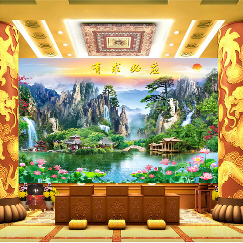 仙堂有求必应山水风景画背景墙纸流水生财庭院荷花壁纸佛道仙壁画
