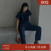 AMERI秋冬摩登复古女装 01220560400 水洗牛仔衬衣细褶缝阔腿裤 套装