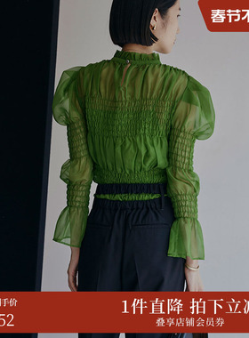 AMERI秋冬时尚褶皱泡泡袖立领长袖收腰复古优雅衬衣01220480080