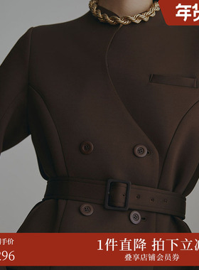 AMERI时尚休闲干练设计感伞裙式直筒带腰带长款大衣01220760720