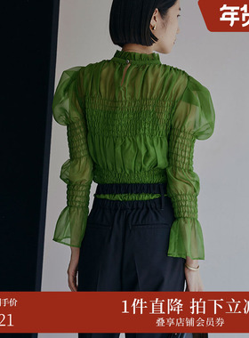 AMERI秋冬时尚褶皱泡泡袖立领长袖收腰复古优雅衬衣01220480080