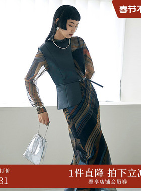 AMERI秋冬时尚原创艺术系印花网纱吊带内搭叠穿连衣裙01220570420