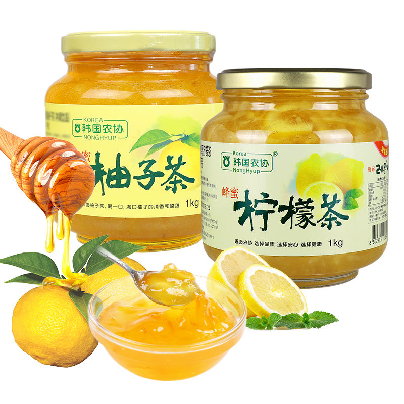 原装进口韩国农协经典柚子茶1kg 柠檬茶1kg蜂蜜水果茶酱2瓶组合装