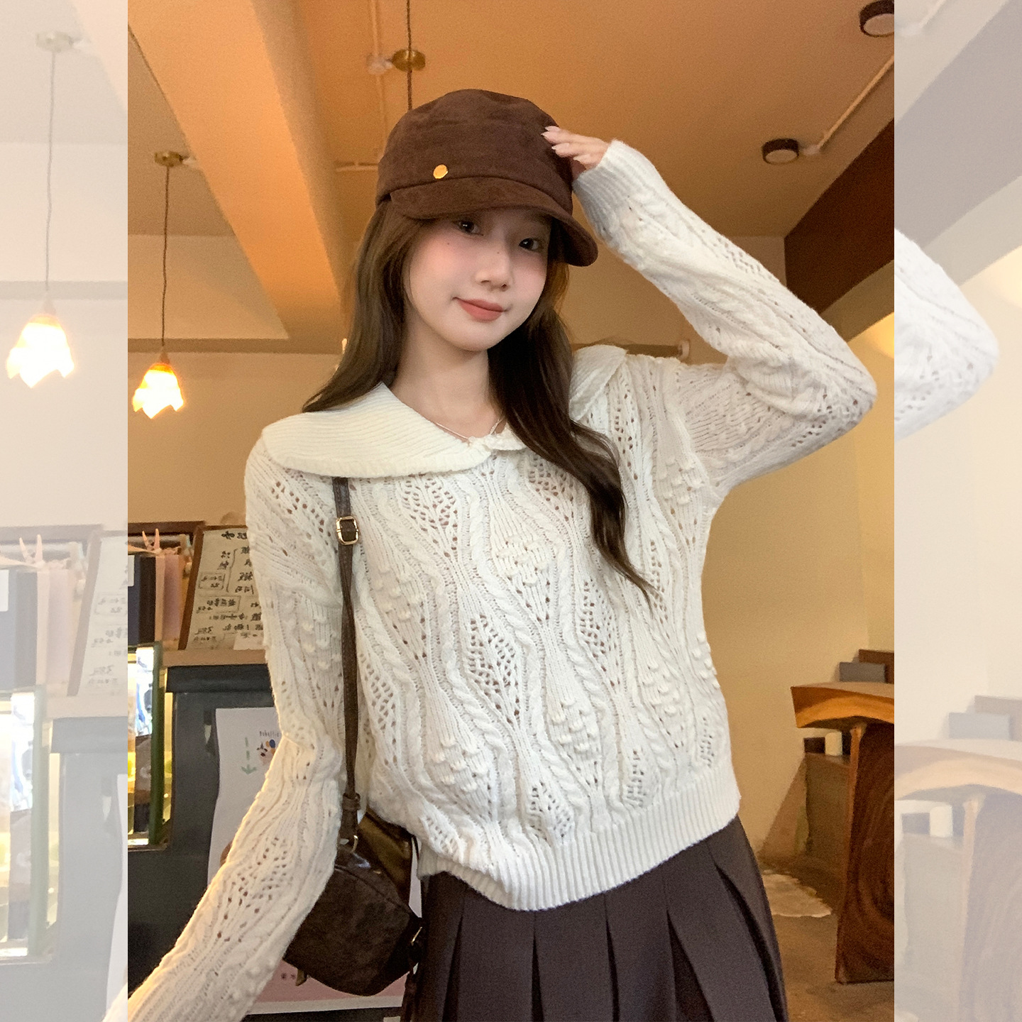 米白色翻领镂空穿搭长袖