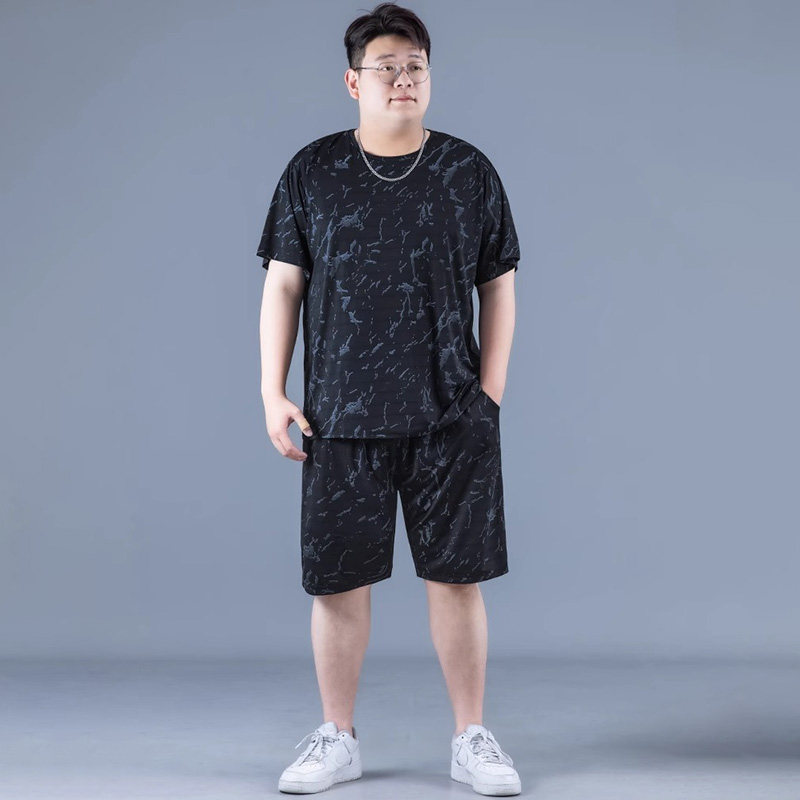 男士大码夏季薄款印花短袖运动套装加肥加大宽松速干休闲两件套