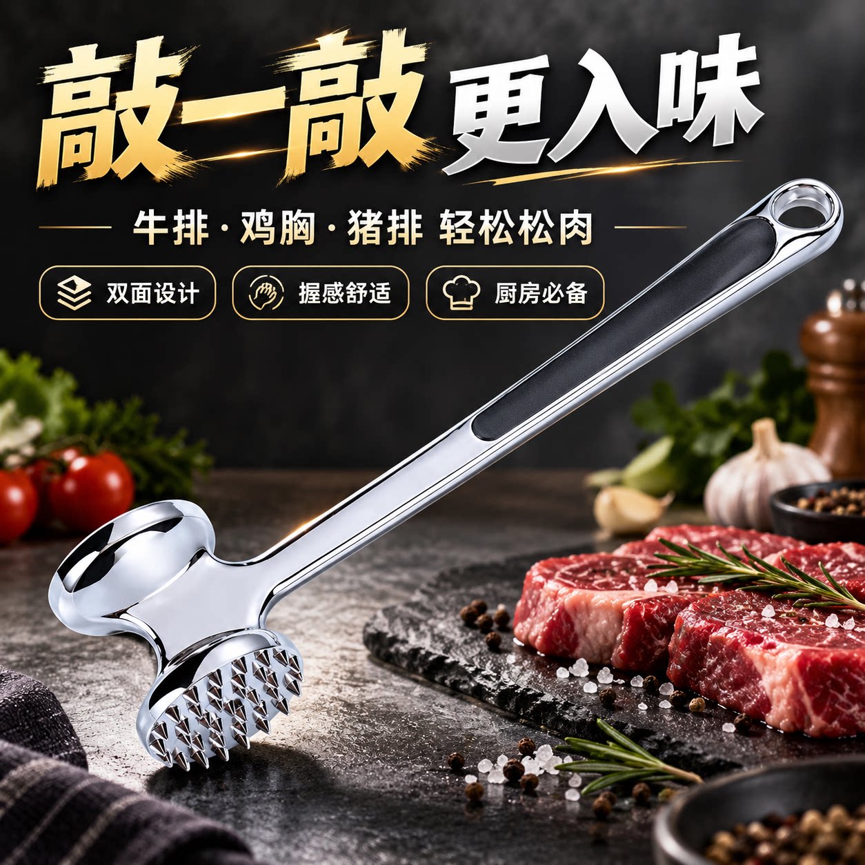 松肉锤316不锈钢一体成型拍肉锤双面家用厨房打肉锤子厚切肉类/C9