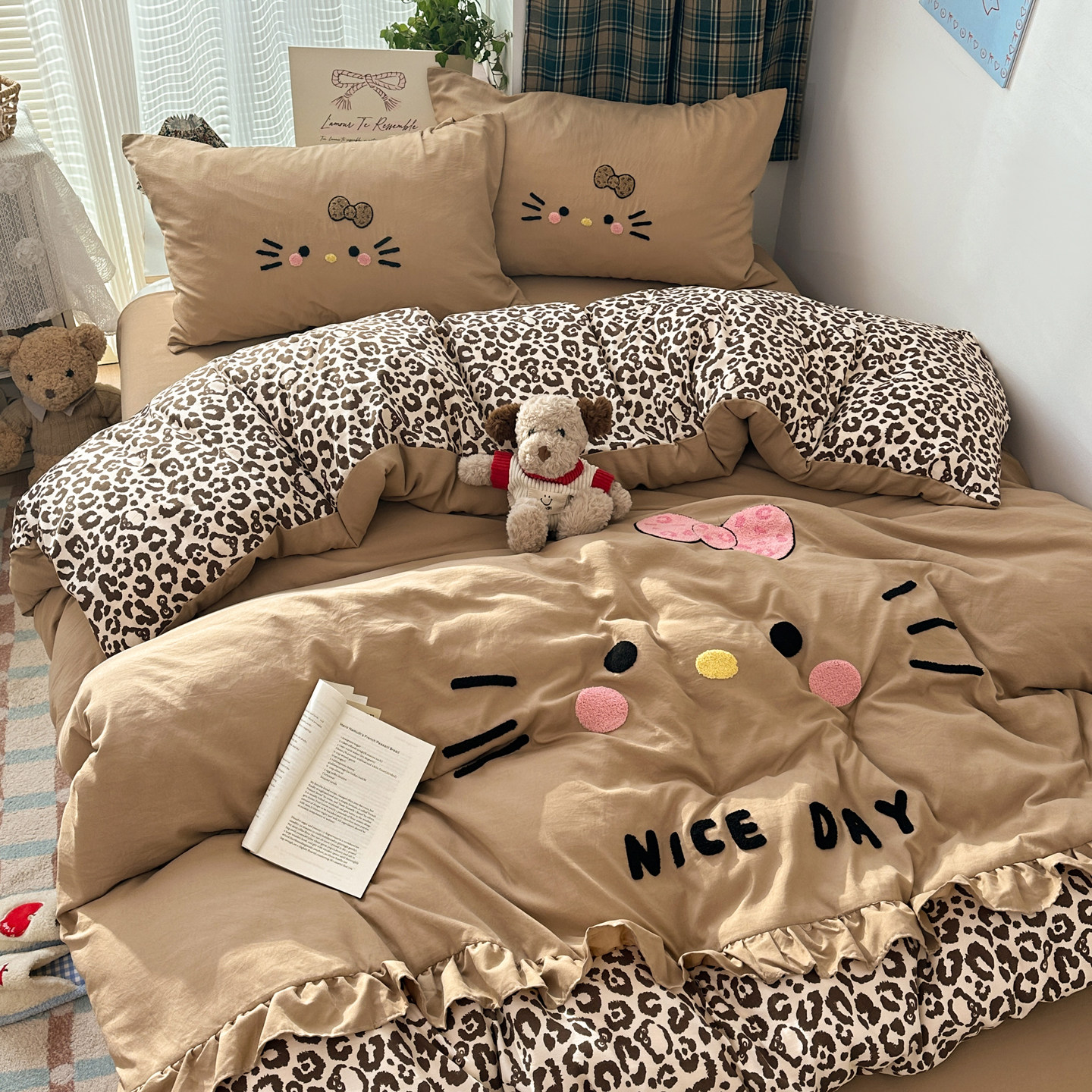 豹纹毛巾绣可爱猫咪非纯棉四件套