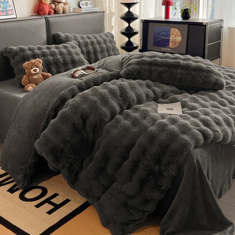 轻奢泡泡绒牛奶绒纯色四件套冬季