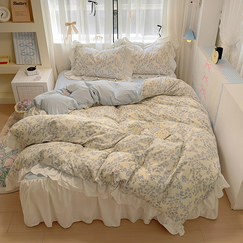韩里韩气小碎花印花水洗棉韩式花边四件套学生宿舍三件套床裙床品