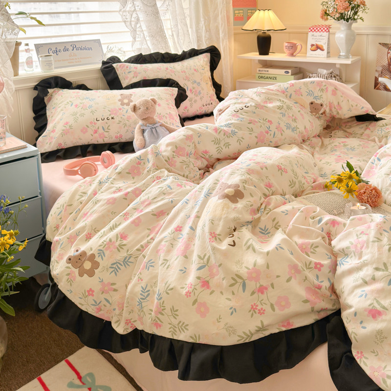 韩式公主风花边水洗棉四件套小碎花少女蕾丝被套床单学生三件床品