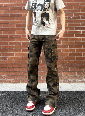 AU8OFCLUB 美式修身微喇长裤男女工装嘻哈迷彩裤垂坠感直筒休闲裤
