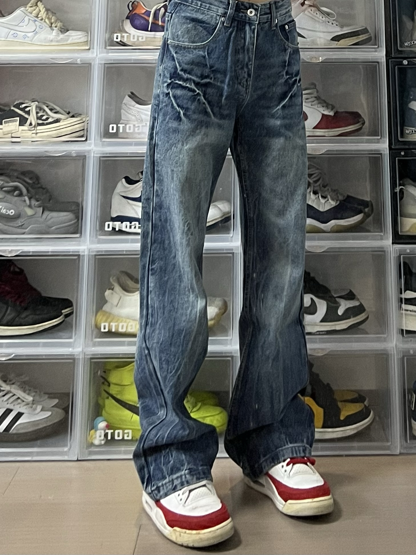 AU8OFCLUB 闪电纹牛仔裤男女四季款美式vibe裤子高街高个子直筒裤