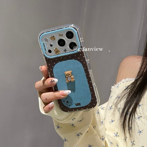 ins蓝色波点钻石小熊手机壳