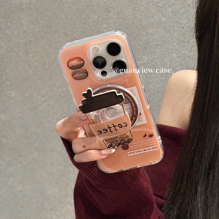 金棕色流沙咖啡杯磁吸支架手机壳