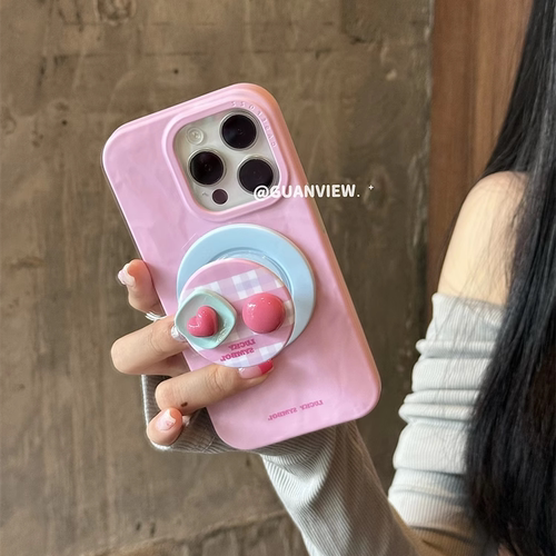 ins褶皱格纹立体爱心手机壳