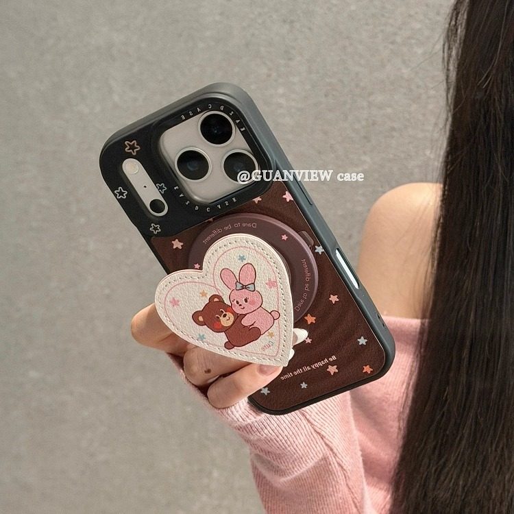 guanview ins棕皮纹星星爱心小熊兔子磁吸支架适用iphone17promax苹果16pro手机壳15/14新款13全包硅胶防摔套,3C数码配件,手机保护套/壳,淘宝优惠券,粉丝福利购,淘宝优惠卷