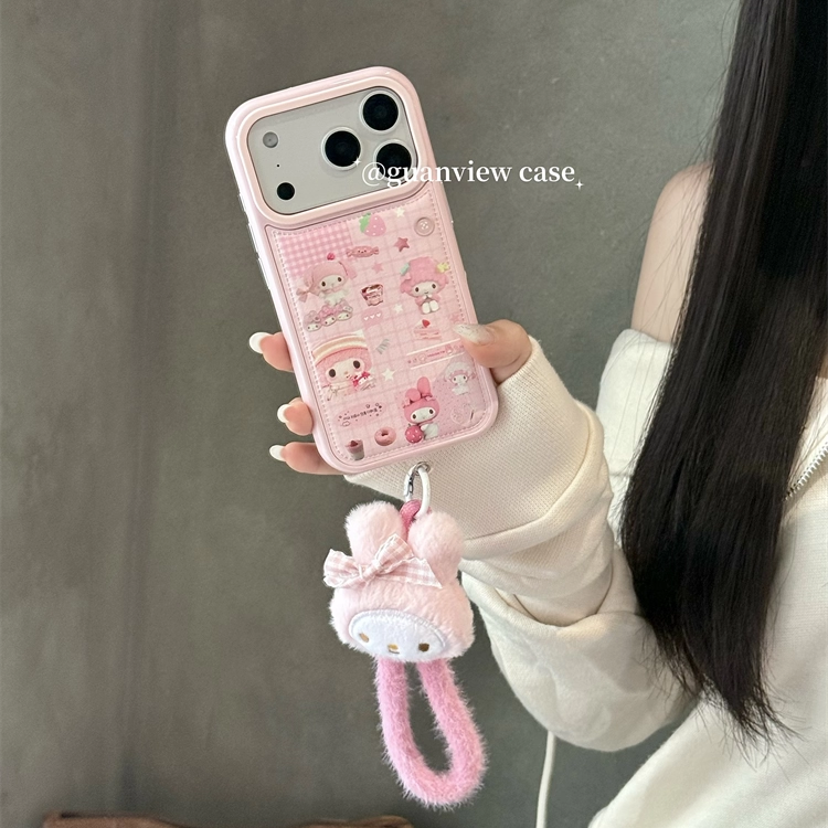 少女粉皮革美乐蒂毛绒挂绳手机壳