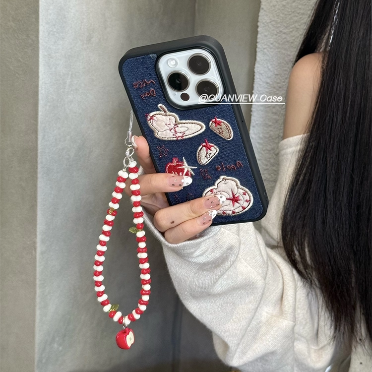 秋冬蓝牛仔布刺绣苹果手机壳