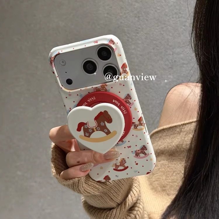 guanview ins白色红波点爱心木马磁吸支架16适用iPhone17Promax苹果16Pro手机壳15/14菲林硬壳13防摔17保护套
