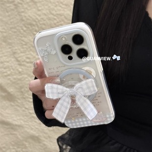 ins藍色少女心格子蝴蝶結磁吸支架適用iphone17promax蘋果15手機殼16pro甜美13防摔14二合一保護套 guanview