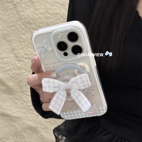 蓝色少女心格子蝴蝶结磁吸壳