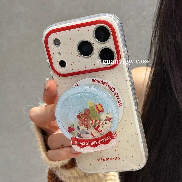 guanview ins红色泼墨小动物圣诞水晶球适用iphone17promax苹果16pro手机壳15/14双层13摇摇乐磁吸支架防摔套